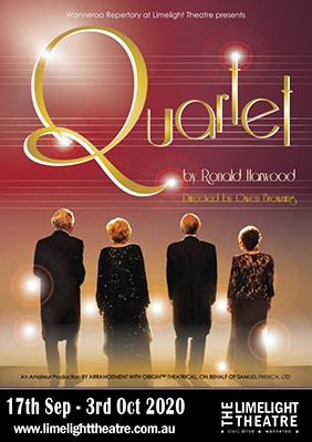 Promotional poster of Quartet. Four people in evening dress, facing away from the camera, with the title of the production at the top and dates at the bottom
