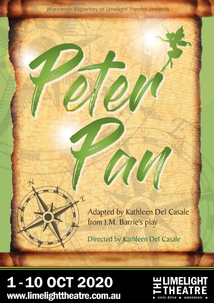 promotional poster for Peter Pan. Peter Pan in green text with Tinkerbell and a compass. All overlayed on an antique map with a green background.