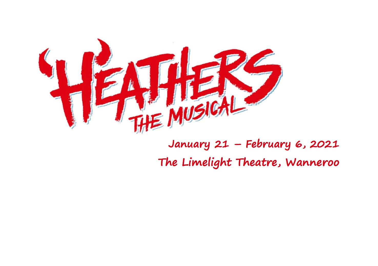 Banner for Heathers showing the title and dates and location in red text on a white background
