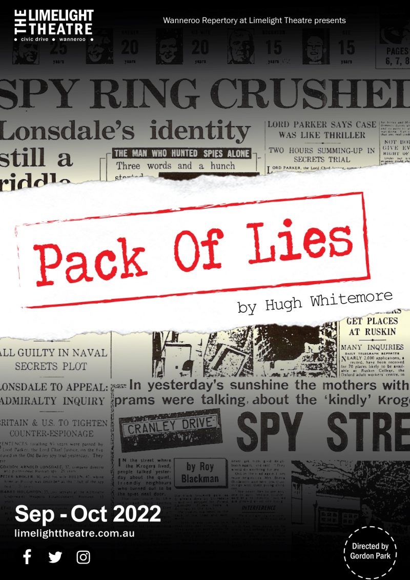 Newspaper print showing an article about a spy ring overlaid with the Pack of Lies production name and relevant dates