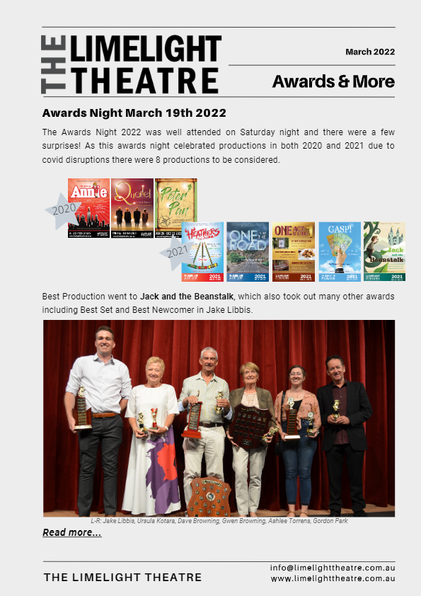 Front cover of February 2021 newsletter showing the production poster of the next production called "One for the Road"