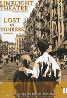 Scanned program cover of Lost in Yonkers. Sepia tinted old fashioned street with two boys facing away from us looking at the street.