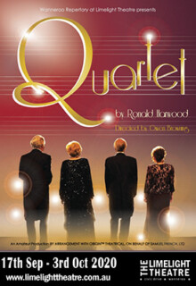 Promotional poster of Quartet. Four people in evening dress, facing away from the camera, with the title of the production at the top and dates at the bottom