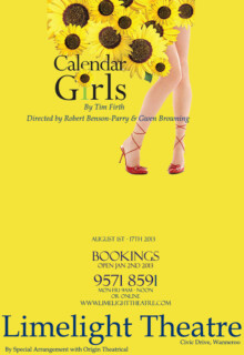 Yellow poster with womans legs in red high heels. Torso covered in sunflowers giving the impression she is naked
