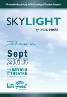 Promotional poster designed for Skylight. Shows the name of the show, director and performance month and year on a background of blue sky and clouds