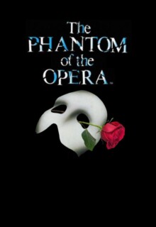Production poster for the Phantom of the Opera with the title of the show and a white mask with a red rose on a black background