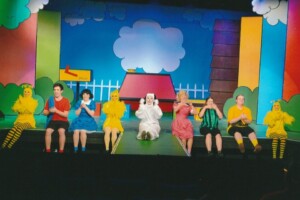 Cast sitting on the edge of stage singing a song