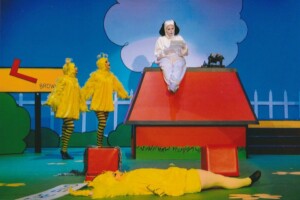 Snoopy sitting on his kennel while Woodstock and friend look on