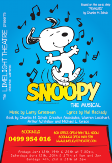 Poster for Snoopy. Shows cartoon Snoopy on blue background with red kennel roof below. Surrounded by musical notes and all the dates and booking information printed below him