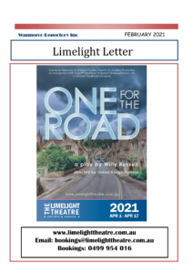 February 2021 Front cover of February 2021 newsletter showing the production poster of the next production called "One for the Road"