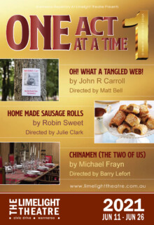 Promotional poster featuring three one act plays. Contains Title, author and director of each play. Photos on the poster show a plate of homemade sausage rolls, a table set for a dinner party for six and a missing cat poster stuck to a tree