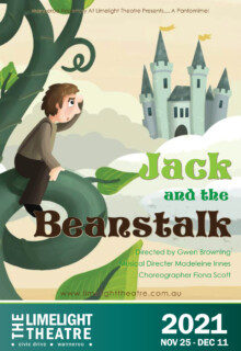 Promotional poster for Jack and the Beanstalk. Showing a cartoon Jack up the Beanstalk looking across at the giants castle.
