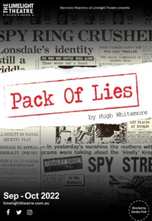 Newspaper print showing an article about a spy ring overlaid with the Pack of Lies production name and relevant dates
